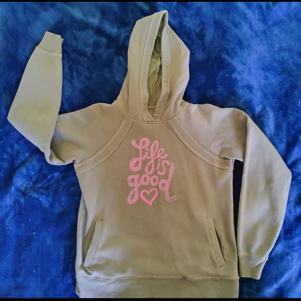 Life Is Good Hooded Sweatshirt Cotton Pink Whimsy Cursive Text